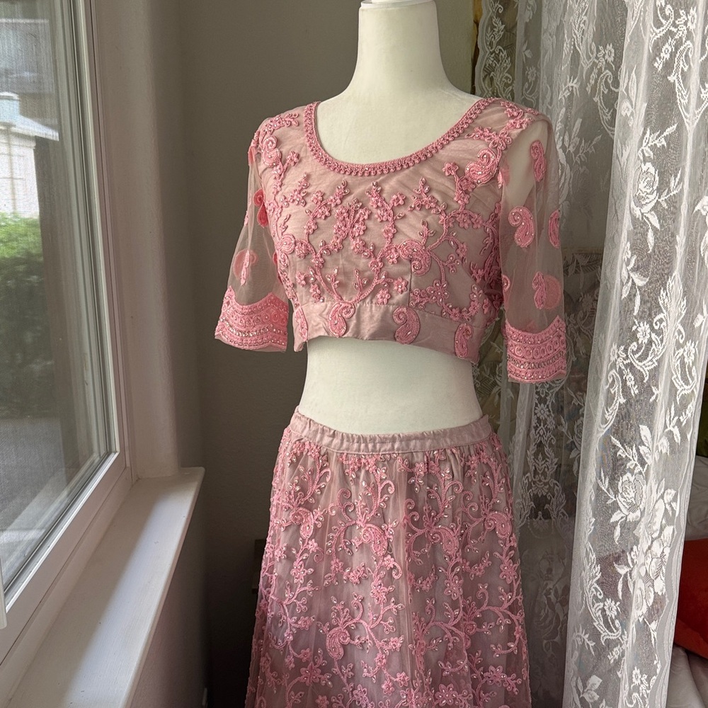 Pink Embroidered Two-Piece Lehenga Skirt Set